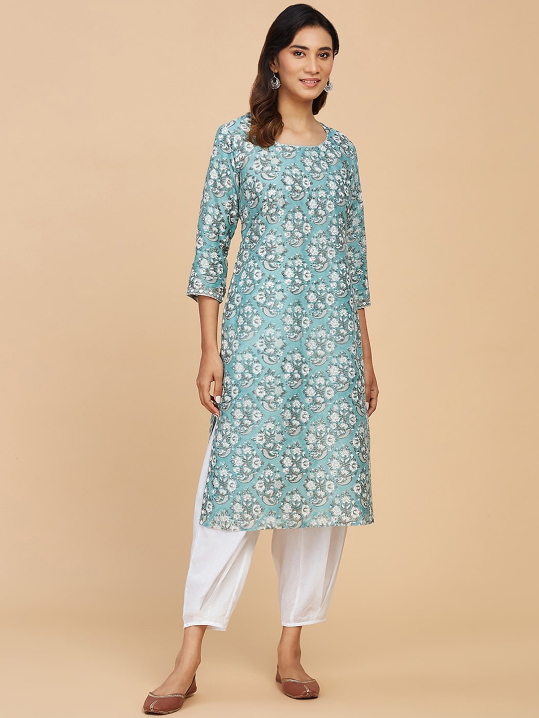 

Fabindia Women Floral Printed Cotton Silk Kurta, Blue