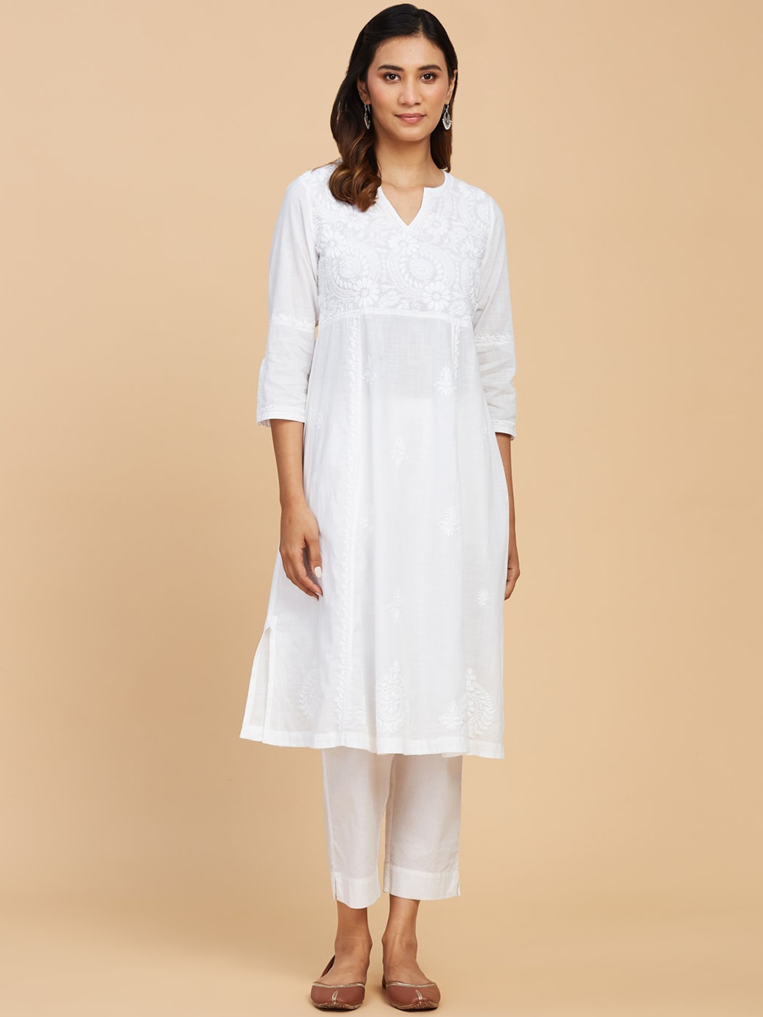 

Fabindia Ethnic Motif Embroidered Chikankari A-Line Cotton Kurta, White