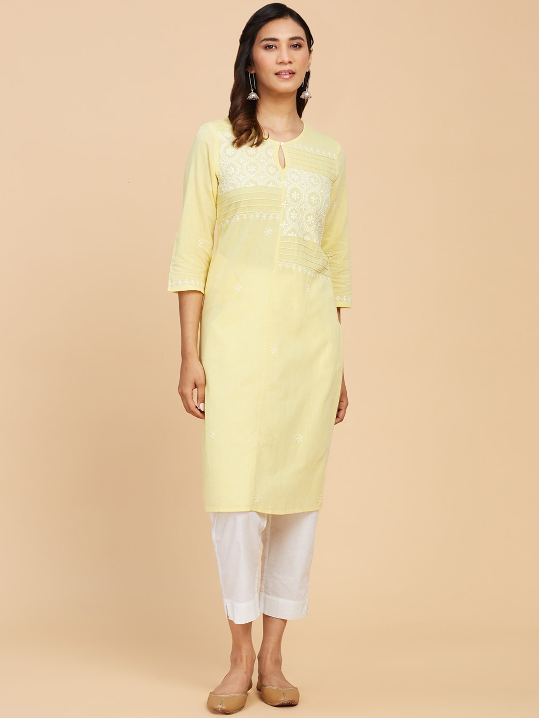

Fabindia Ethnic Motif Embroidered Keyhole Neck Cotton Kurta, Yellow