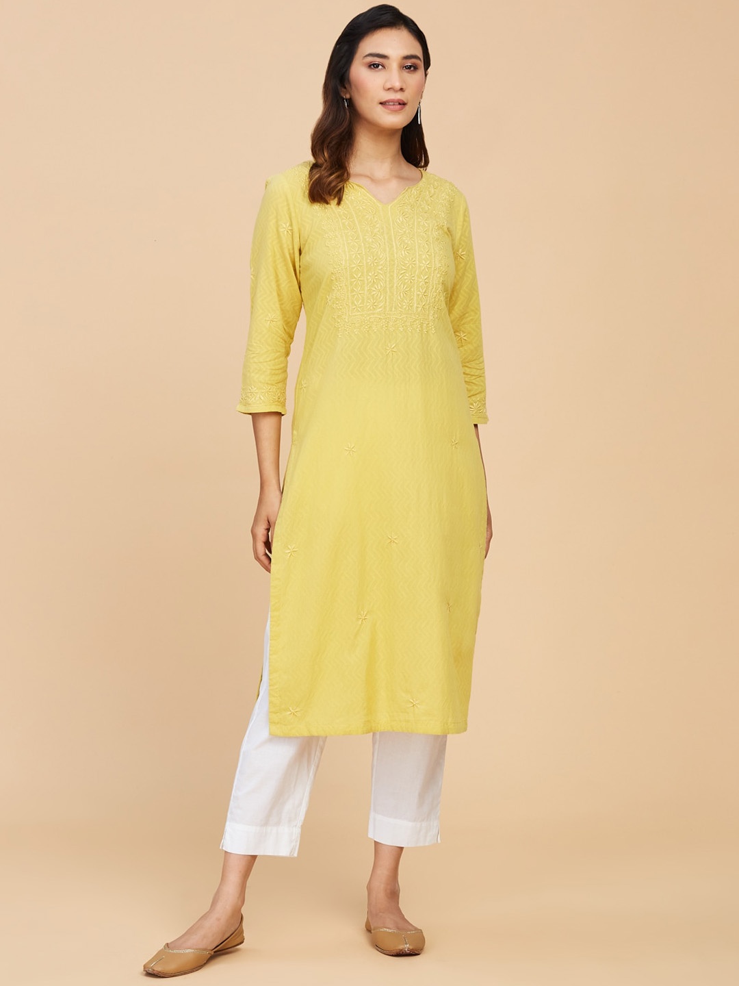 

Fabindia Women Printed Chikankari Pure Cotton Kurta, Yellow