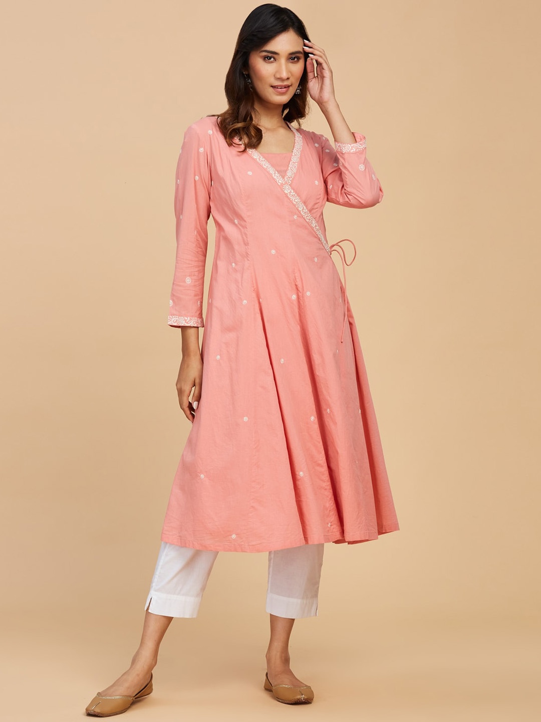 

Fabindia Women Floral Embroidered Angrakha Kurta, Pink