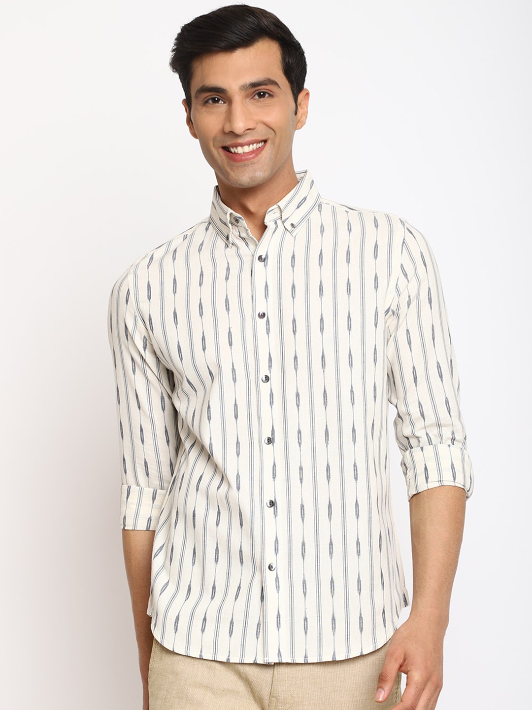 

Fabindia Slim Fit Vertical Striped Casual Cotton Shirt, Cream