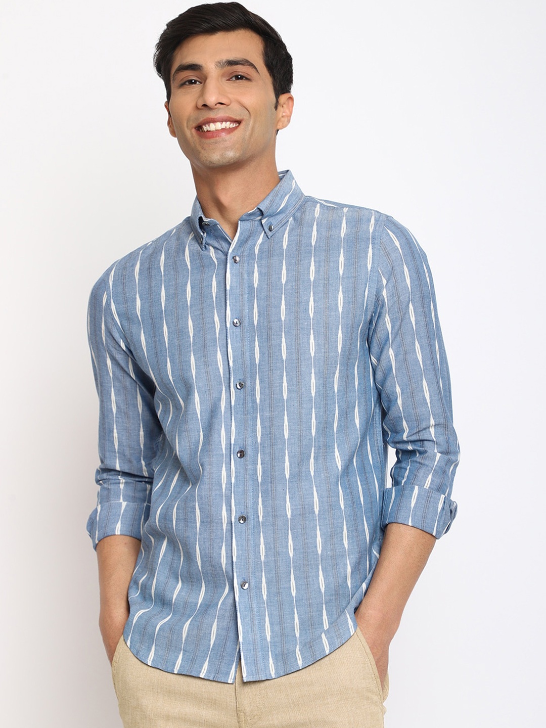 

Fabindia Slim Fit Vertical Striped Casual Cotton Shirt, Blue