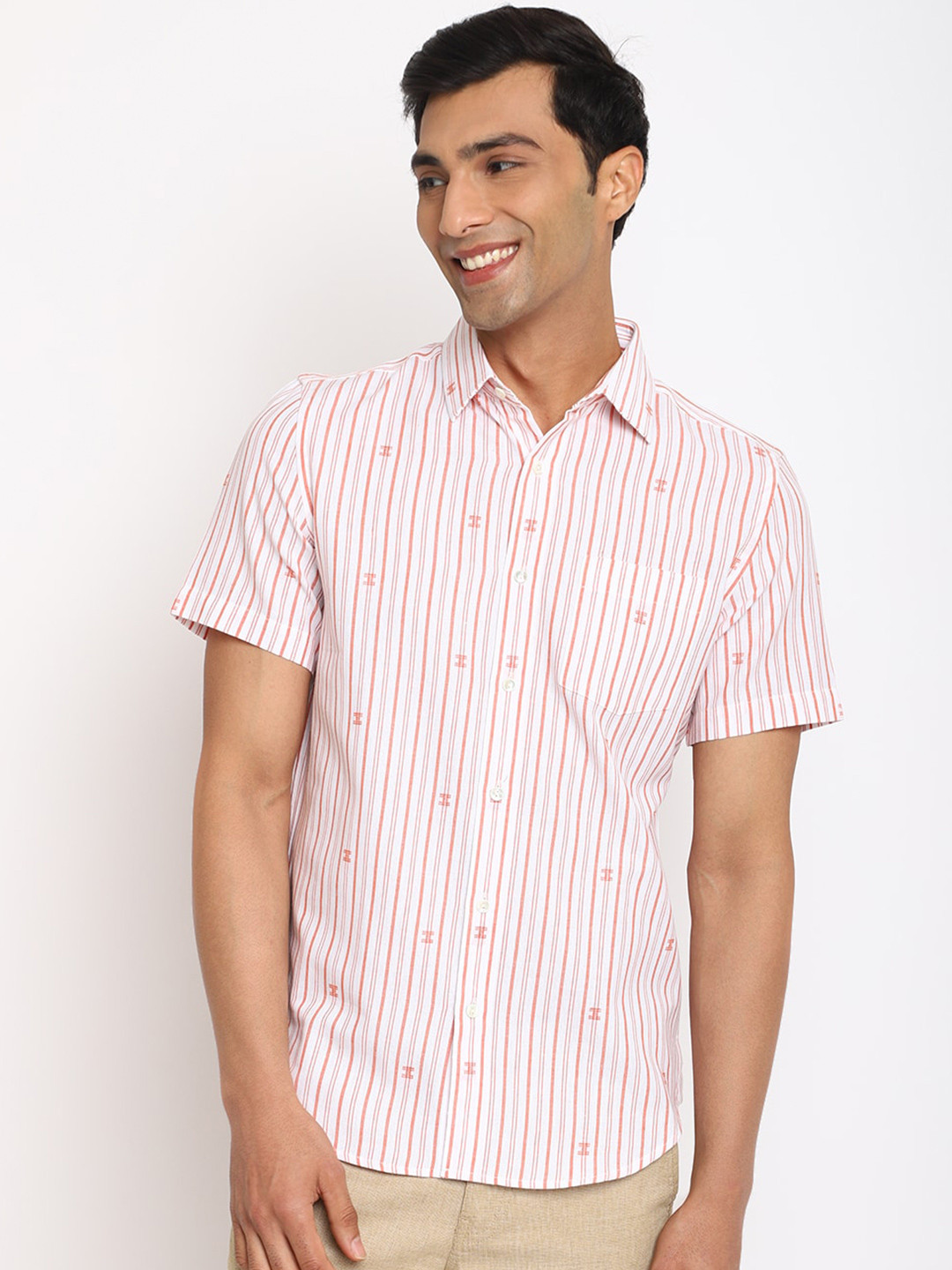 

Fabindia Slim Fit Vertical Striped Casual Cotton Shirt, Orange