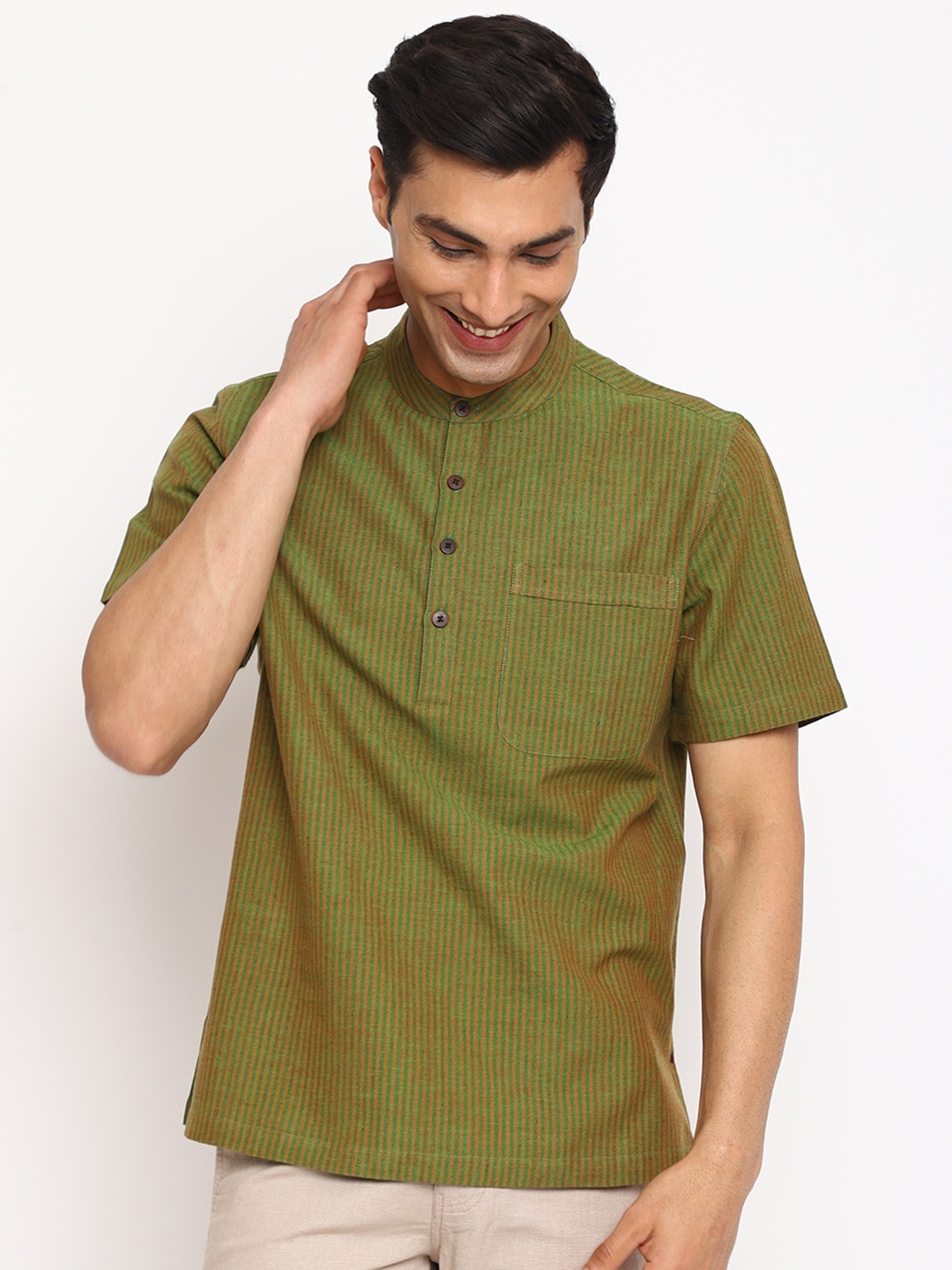 

Fabindia Striped Mandarin Collar Cotton Kurta, Green