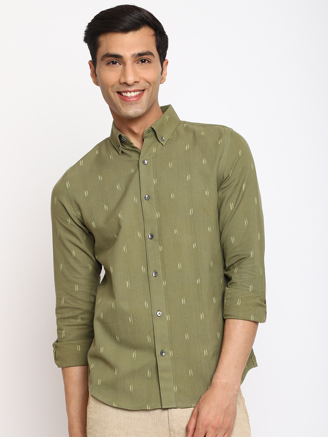

Fabindia Micro Ditsy Printed Slim Fit Casual Cotton Shirt, Green