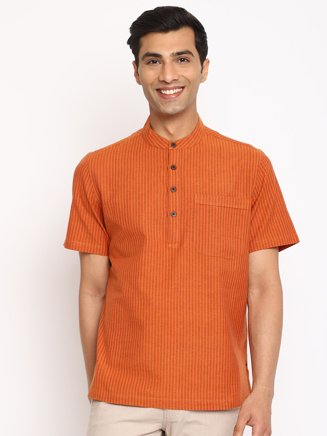 

Fabindia Vertical Striped Casual Cotton Shirt, Orange
