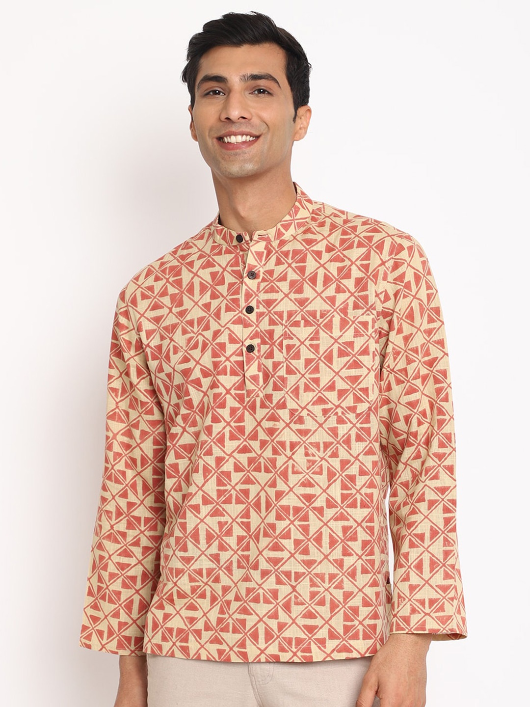 

Fabindia Men Geometric Printed Casual Cotton Shirt, Peach