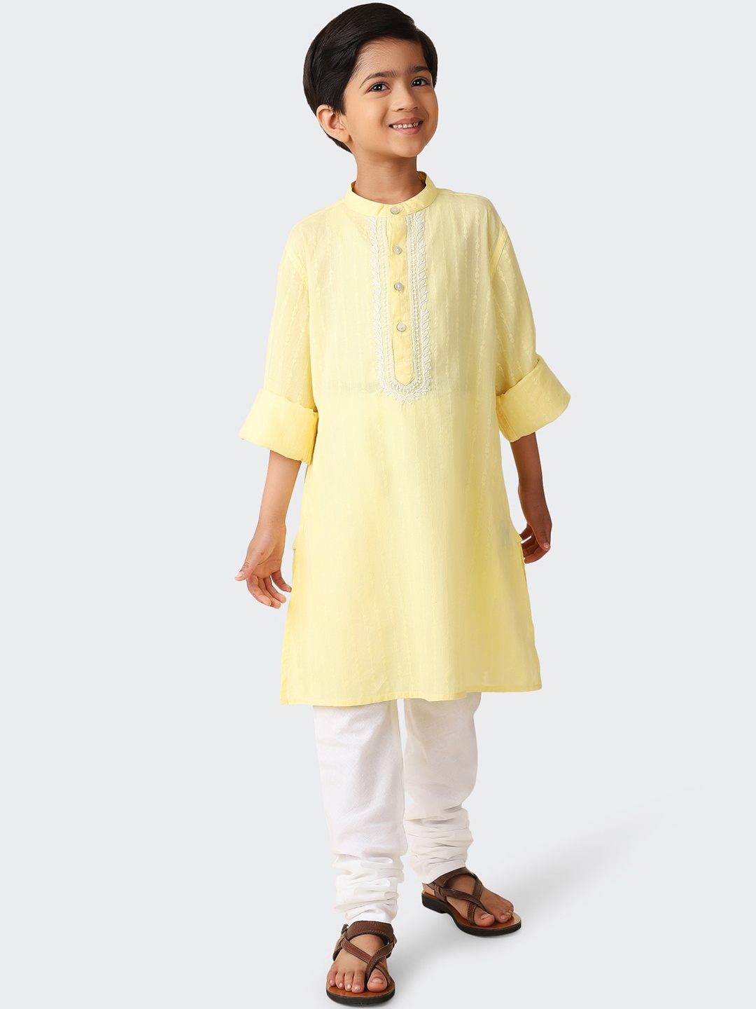

Fabindia Boys Striped Embroidered Pure Cotton Kurta, Yellow