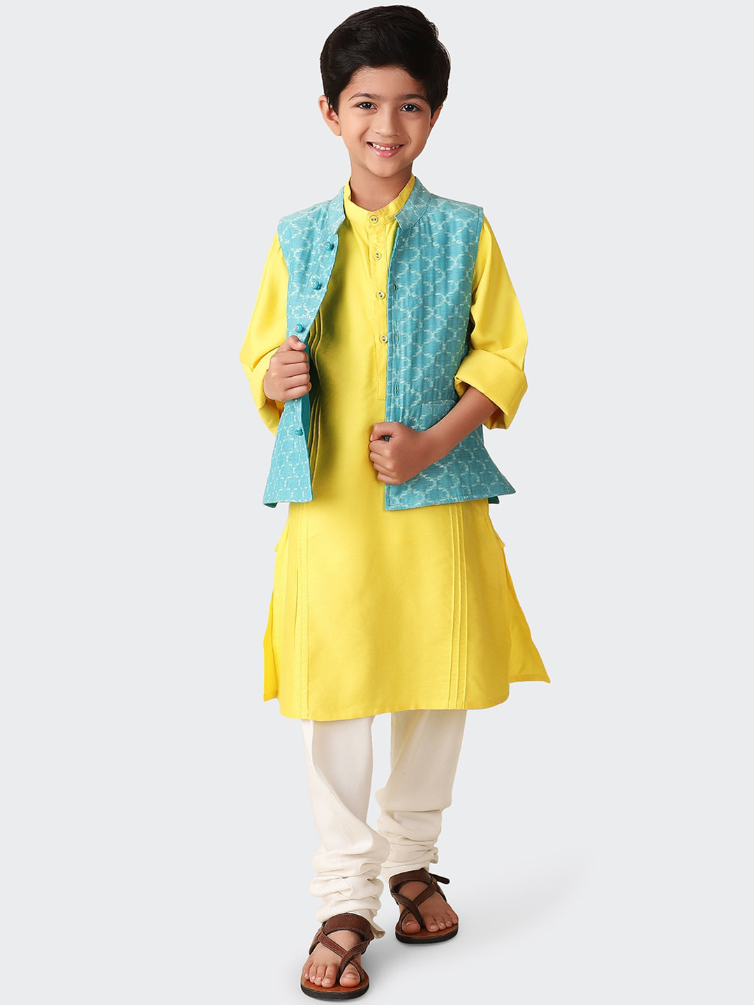 

Fabindia Boys Woven Design A-Line Kurta & Churidar With Nehru Jacket, Yellow