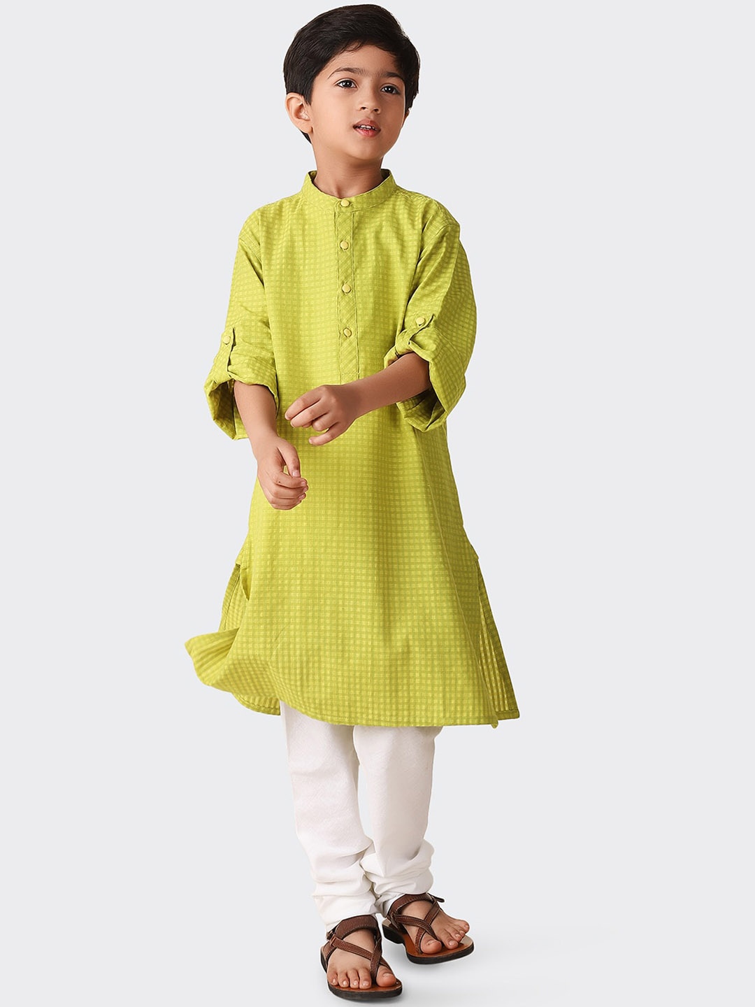 

Fabindia Boys Checked Woven Design Cotton Kurta, Lime green