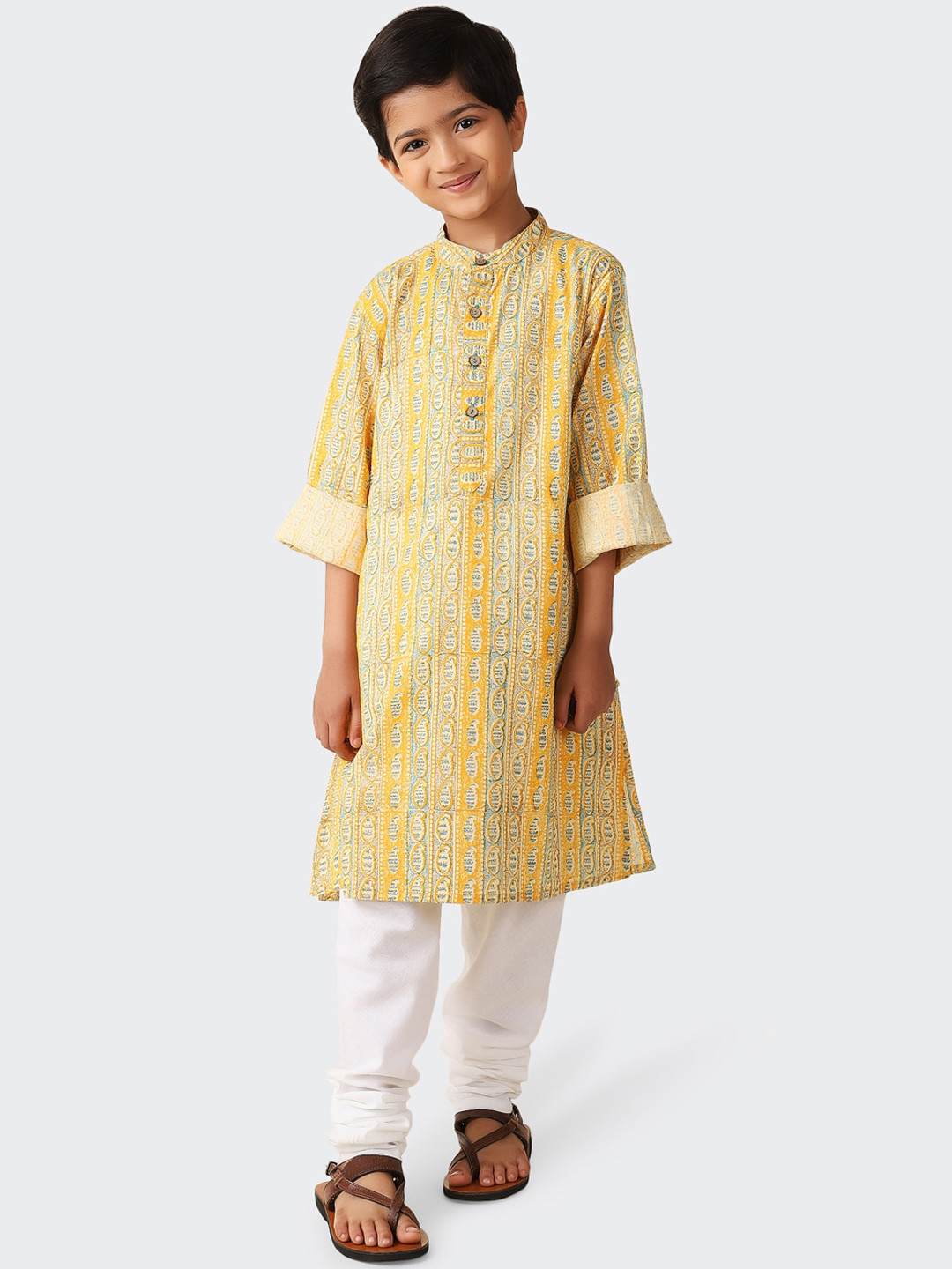 

Fabindia Boys Ethnic Motifs Printed Cotton Kurta, Yellow