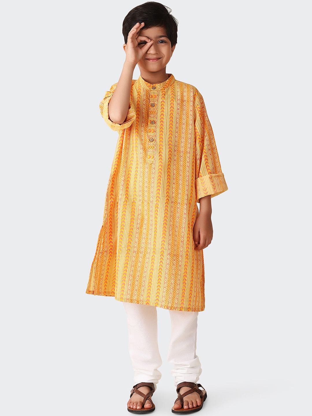 

Fabindia Boys Ethnic Motifs Printed Cotton Kurta, Yellow