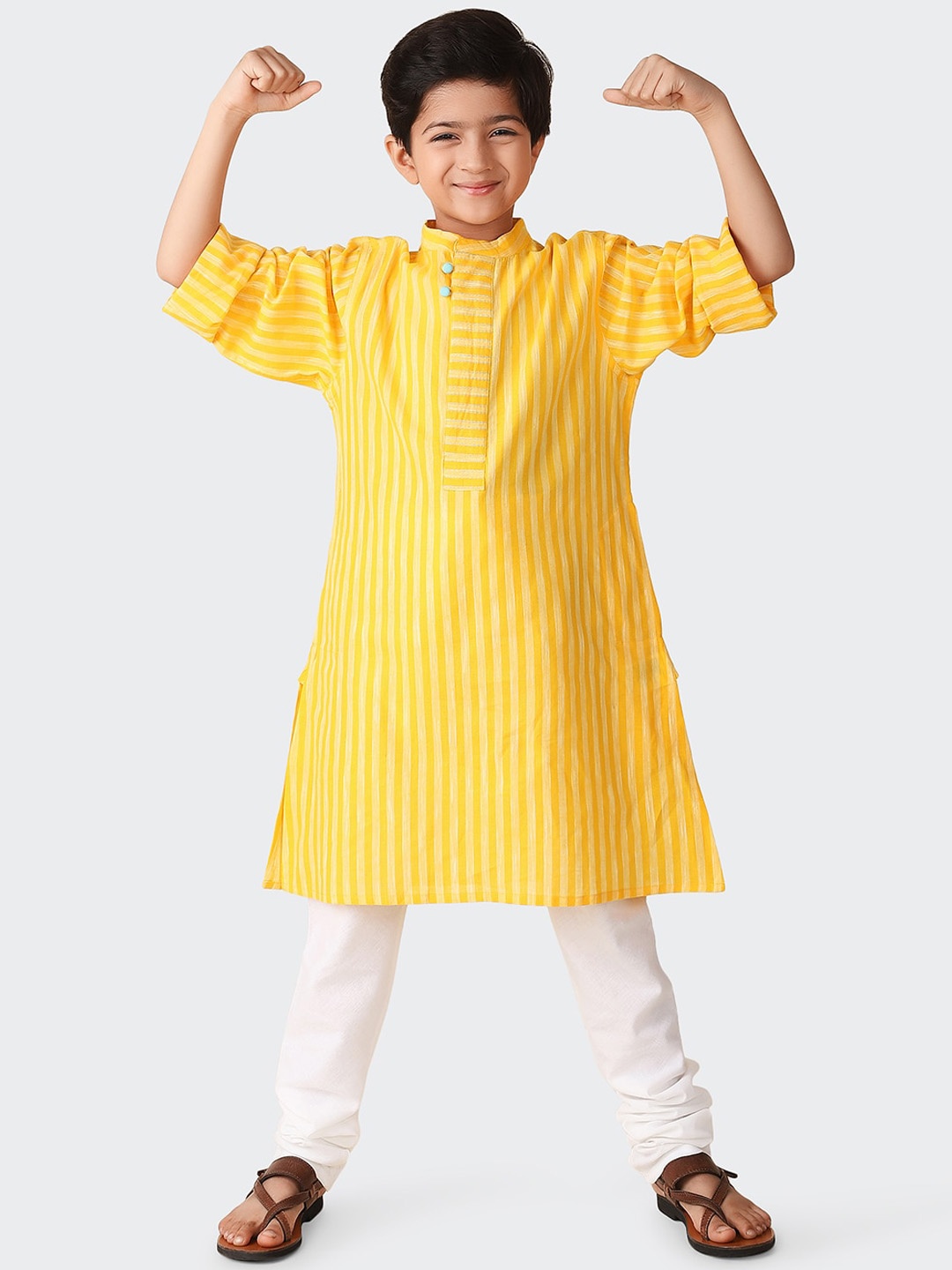 

Fabindia Boys Striped Mandarin Collar Pure Cotton Kurta, Yellow