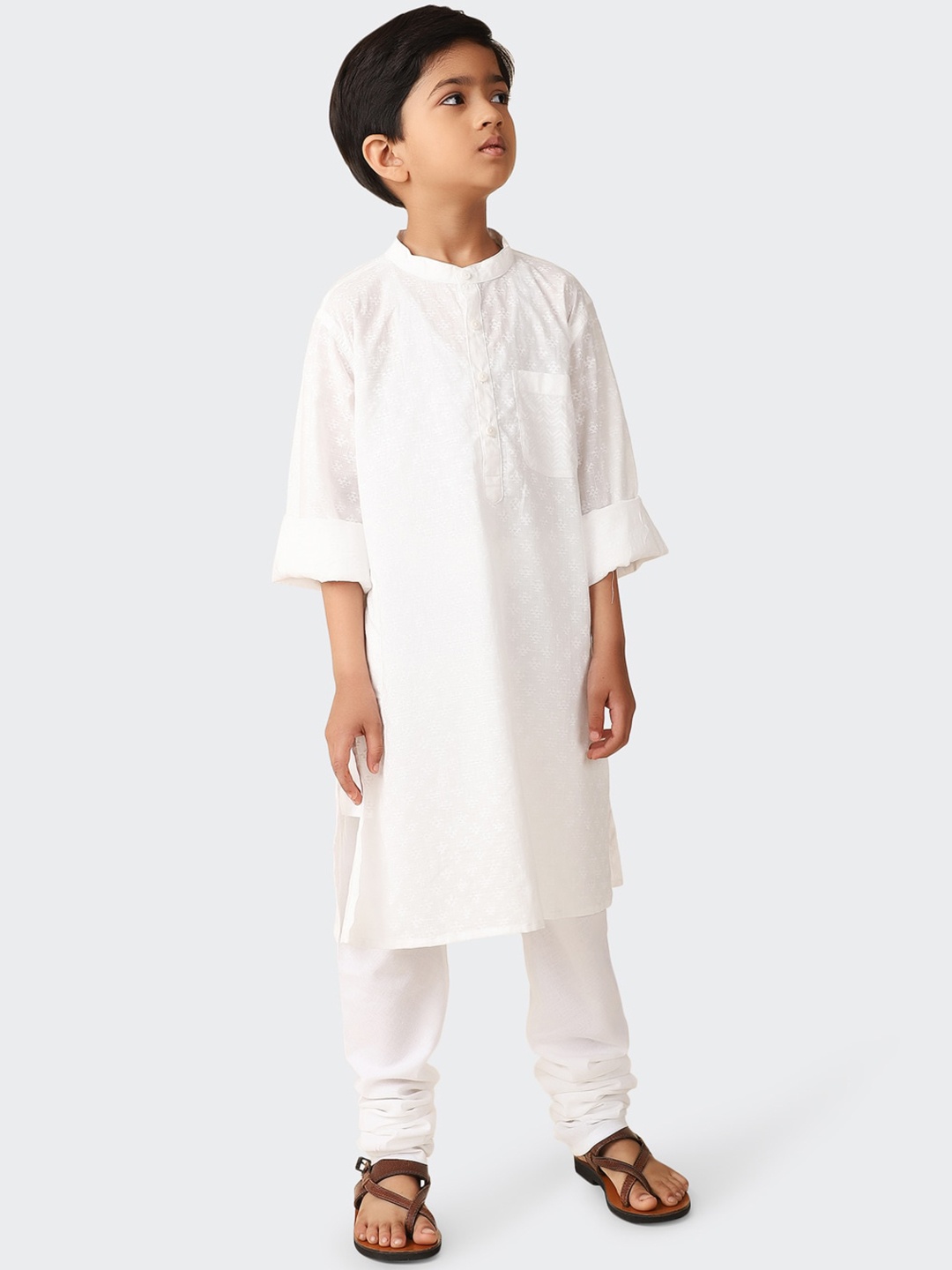 

Fabindia Boys Woven Design Mandarin Collar Pure Cotton Kurta, White