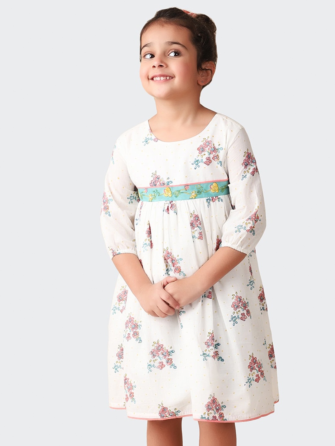 

Fabindia Girls Floral Printed Cotton Empire Dress, White