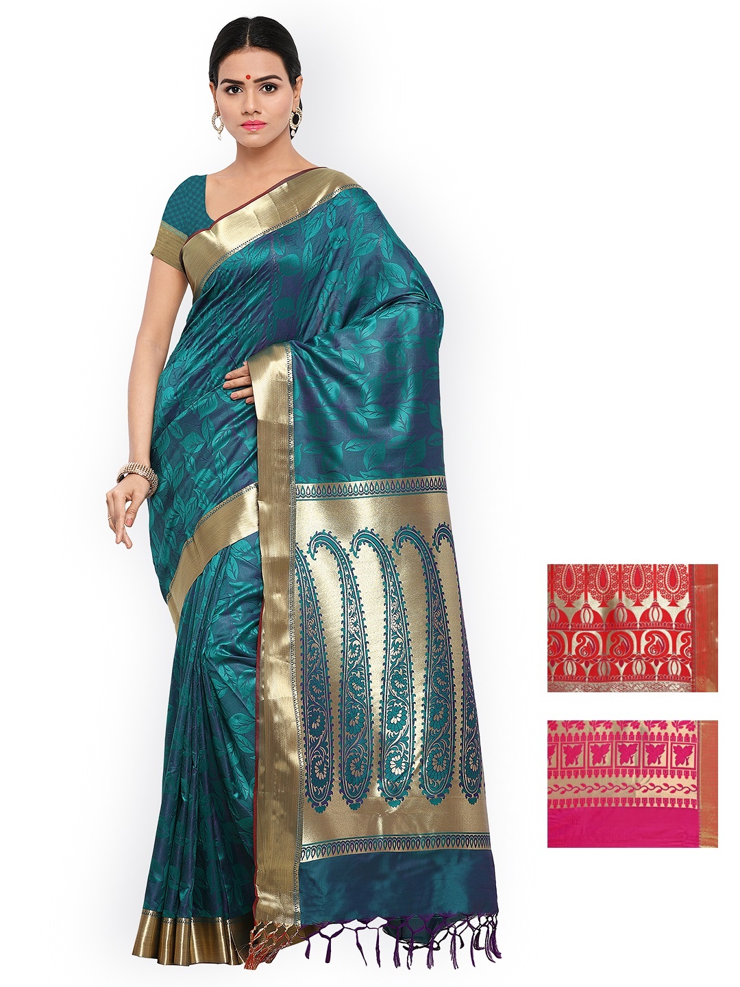 

Varkala Selection of 3 Kanjeevaram Art Silk Sarees, Teal