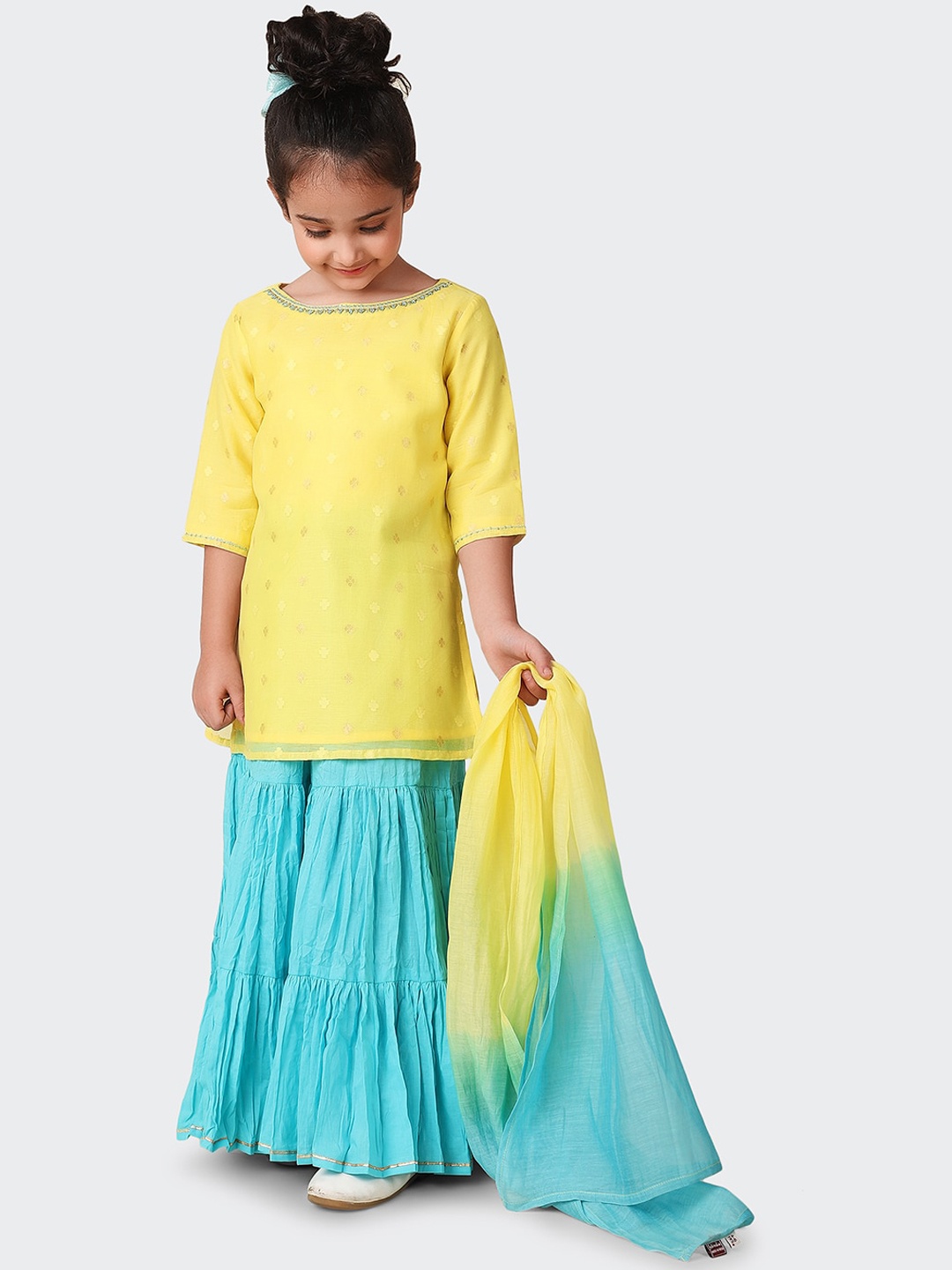 

Fabindia Printed Gotta Patti Pure Cotton Kurta with Sharara & Dupatta, Yellow