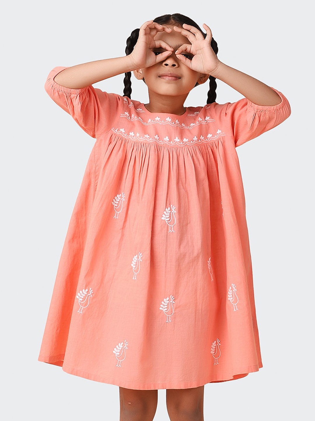 

Fabindia Girls Ethnic Embroidered Puff Sleeves A-Line Cotton Dress, Coral