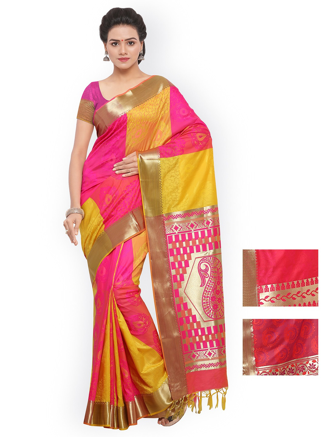 

Varkala Selection of 3 Kanjeevaram Art Silk Sarees, Pink