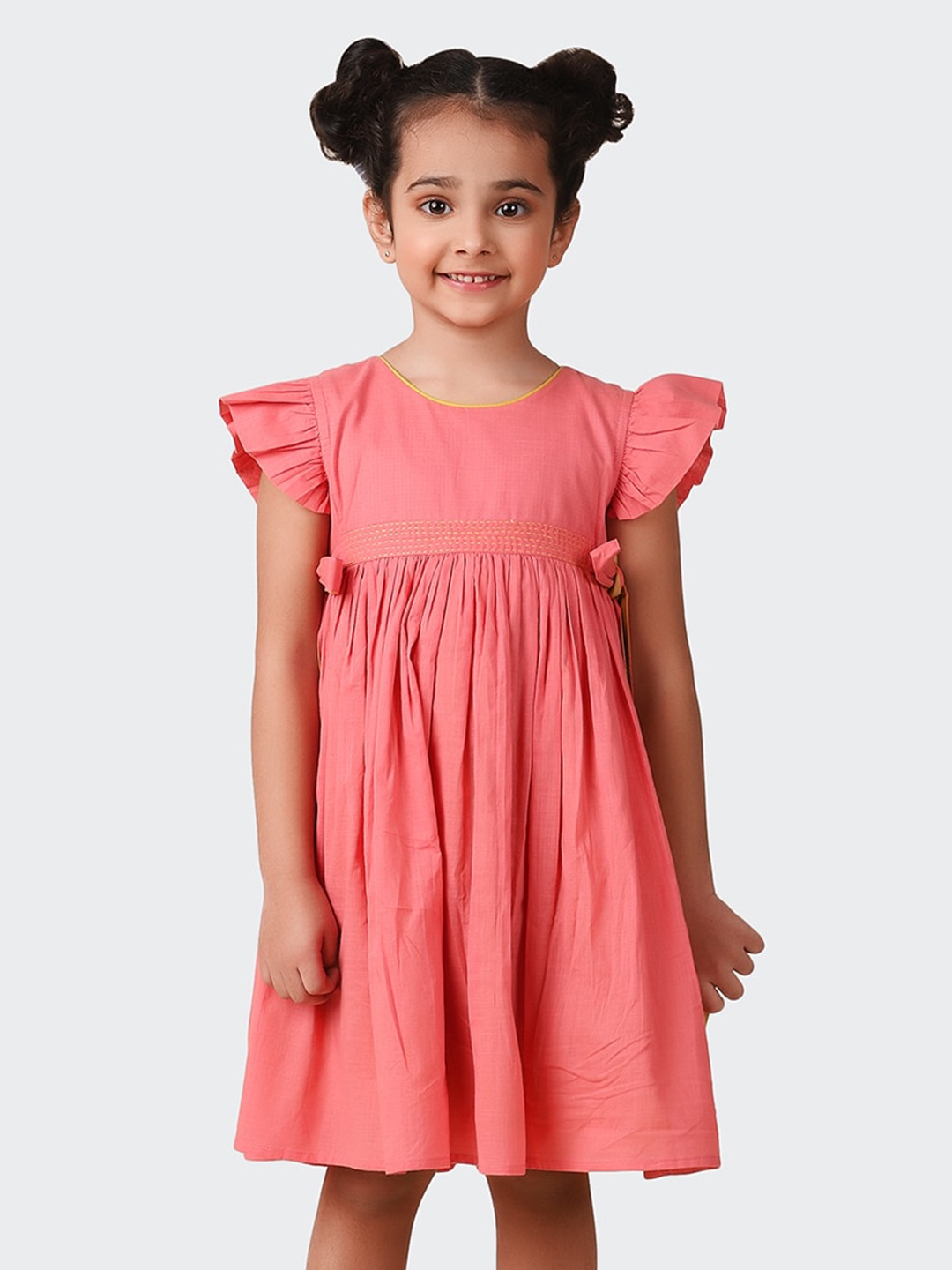 

Fabindia Girls Gathered Flutter Sleeve Fit & Flare Cotton Dress, Coral
