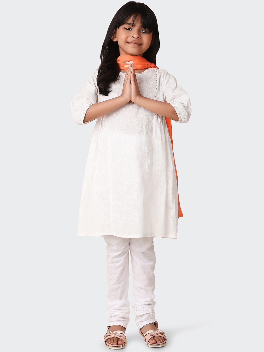 

Fabindia Girls Printed Pure Cotton Kurta With Churidar & Dupatta, White