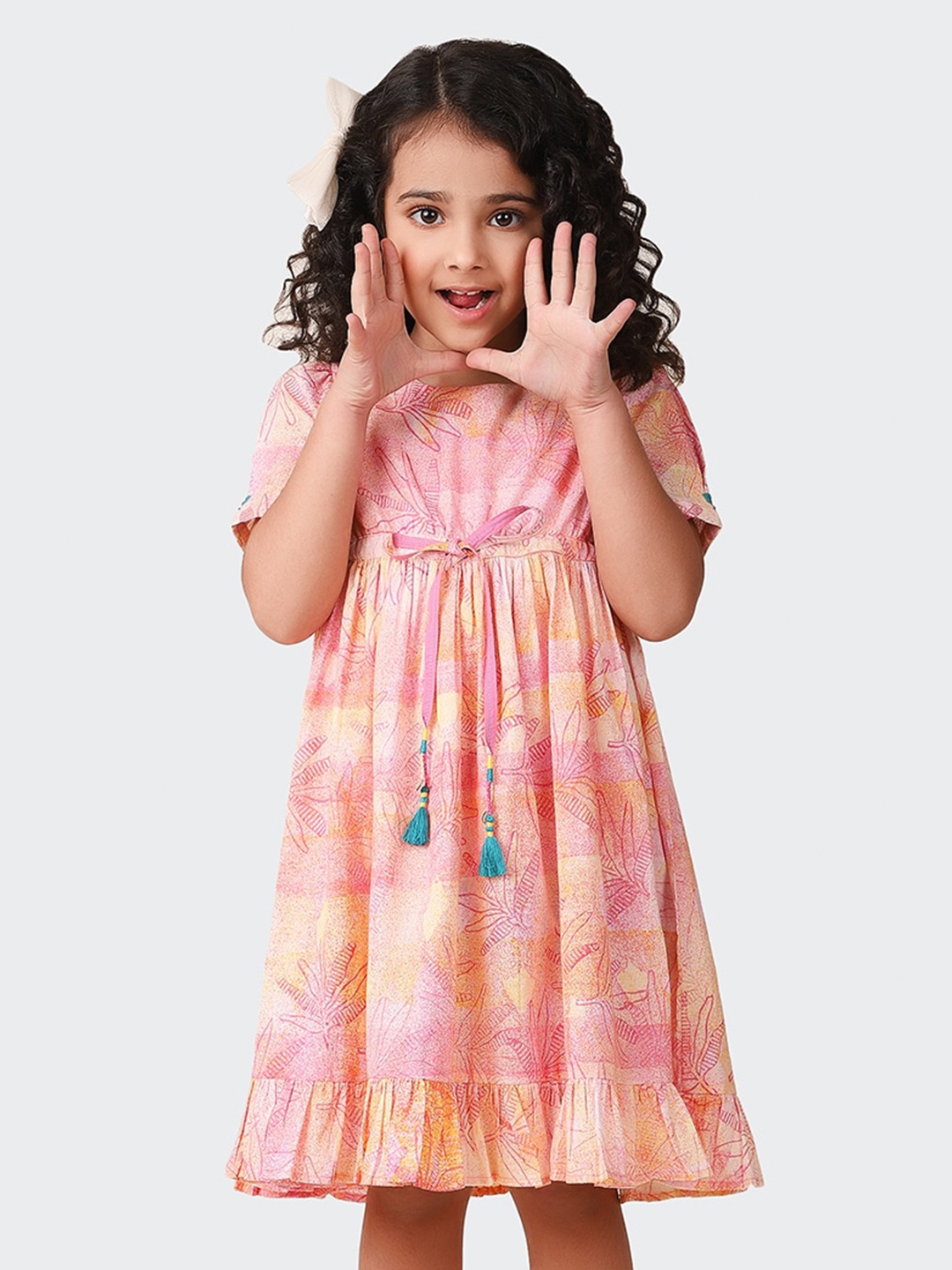 

Fabindia Girls Floral Printed Puffed Sleeves A-Line Cotton Dress, Pink