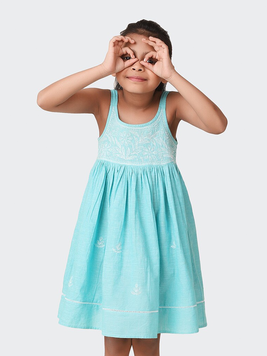 

Fabindia Girls Floral Embroidered Cotton A-Line Dress, Blue