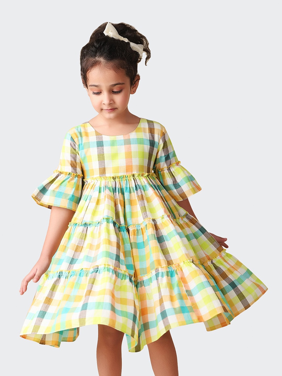 

Fabindia Girls Checked Bell Sleeves A-Line Cotton Dress, Yellow