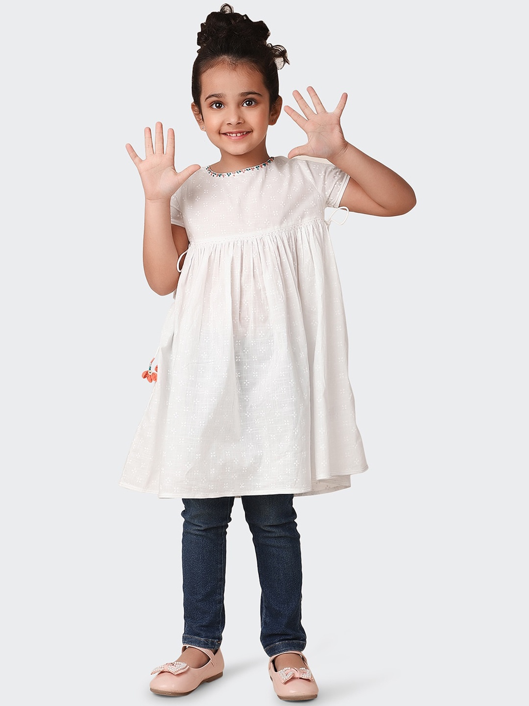 

Fabindia Girls Ethnic Motifs Printed Empire Style Pure Cotton Kurta, White