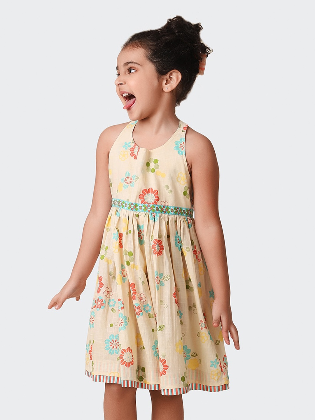 

Fabindia Girls Floral Printed Tie-Up Detail Cotton Fit & Flare Dress, Beige