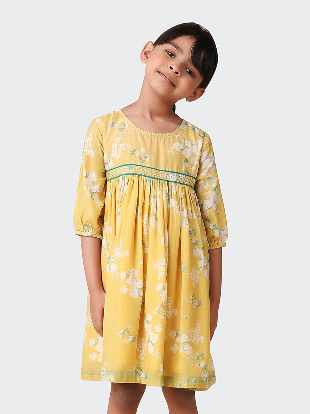

Fabindia Girls Gathered Floral Printed A-Line Dress, Yellow