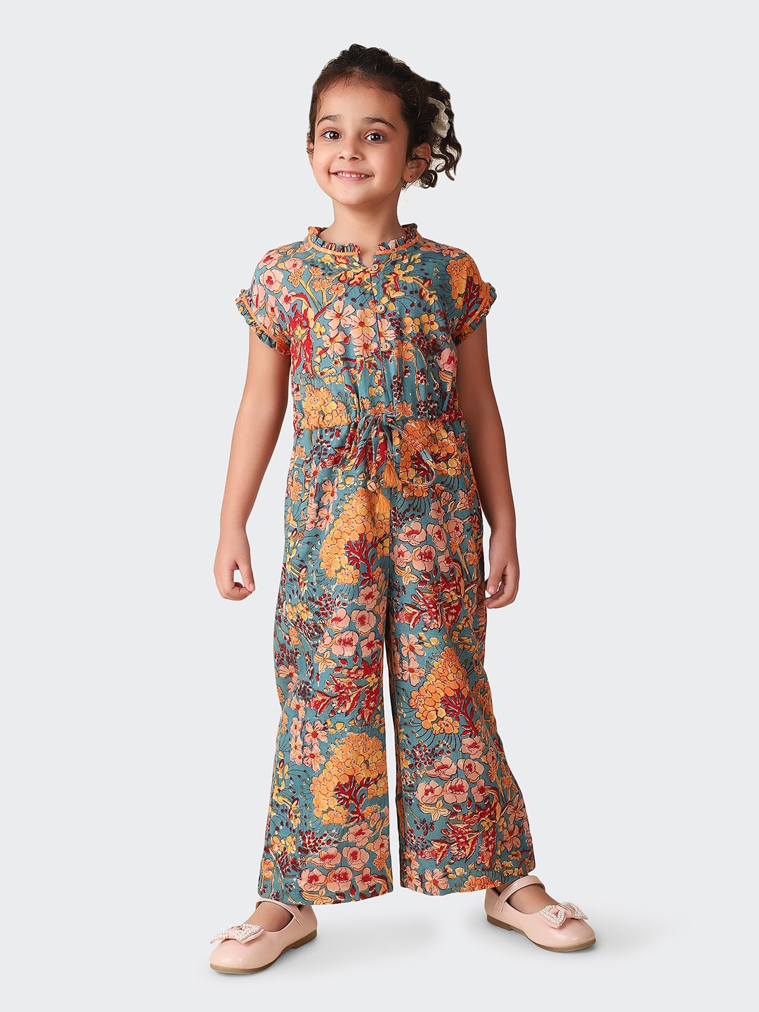

Fabindia Girls Printed Basic Jumpsuit, Teal