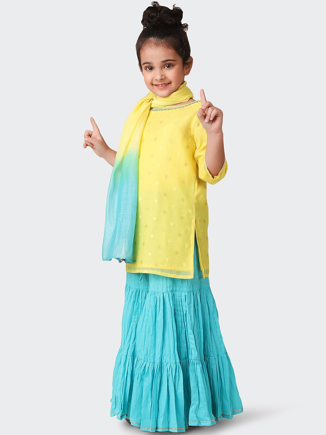 

Fabindia Girls Printed Pure Cotton Straight Kurta with Sharara & Dupatta, Yellow