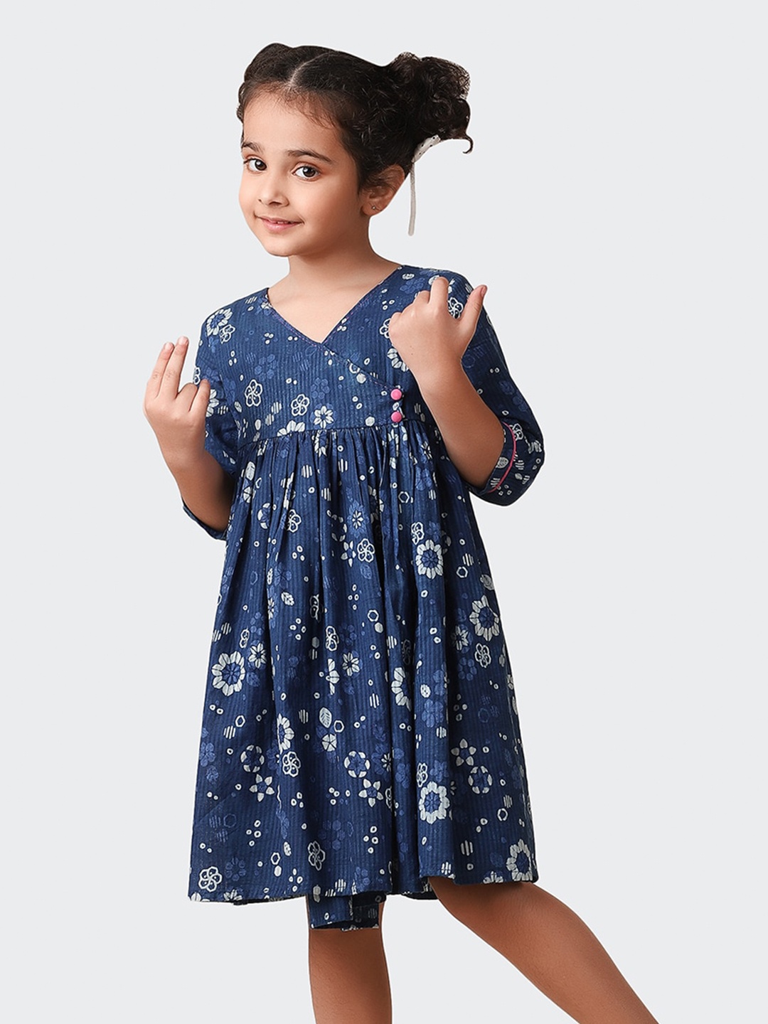 

Fabindia Girls Floral Printed Wrap Cotton Dress, Navy blue