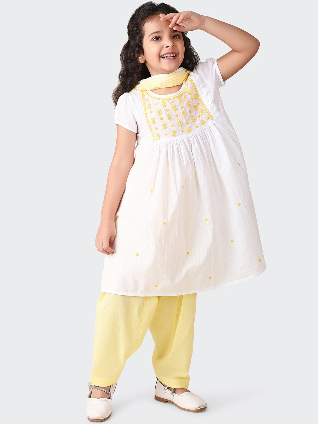 

Fabindia Girls Floral Embroidered Pure Cotton A-Line Kurta With Salwar & Dupatta, Yellow