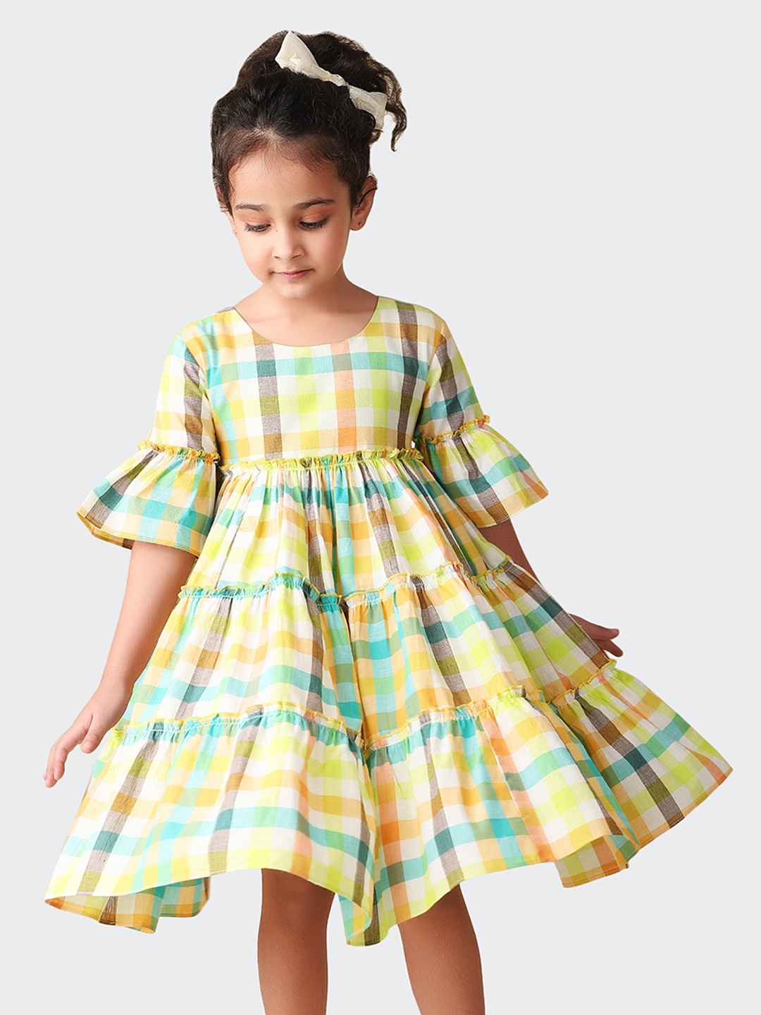 

Fabindia Girls Checked Cotton Tiered Dress, Yellow