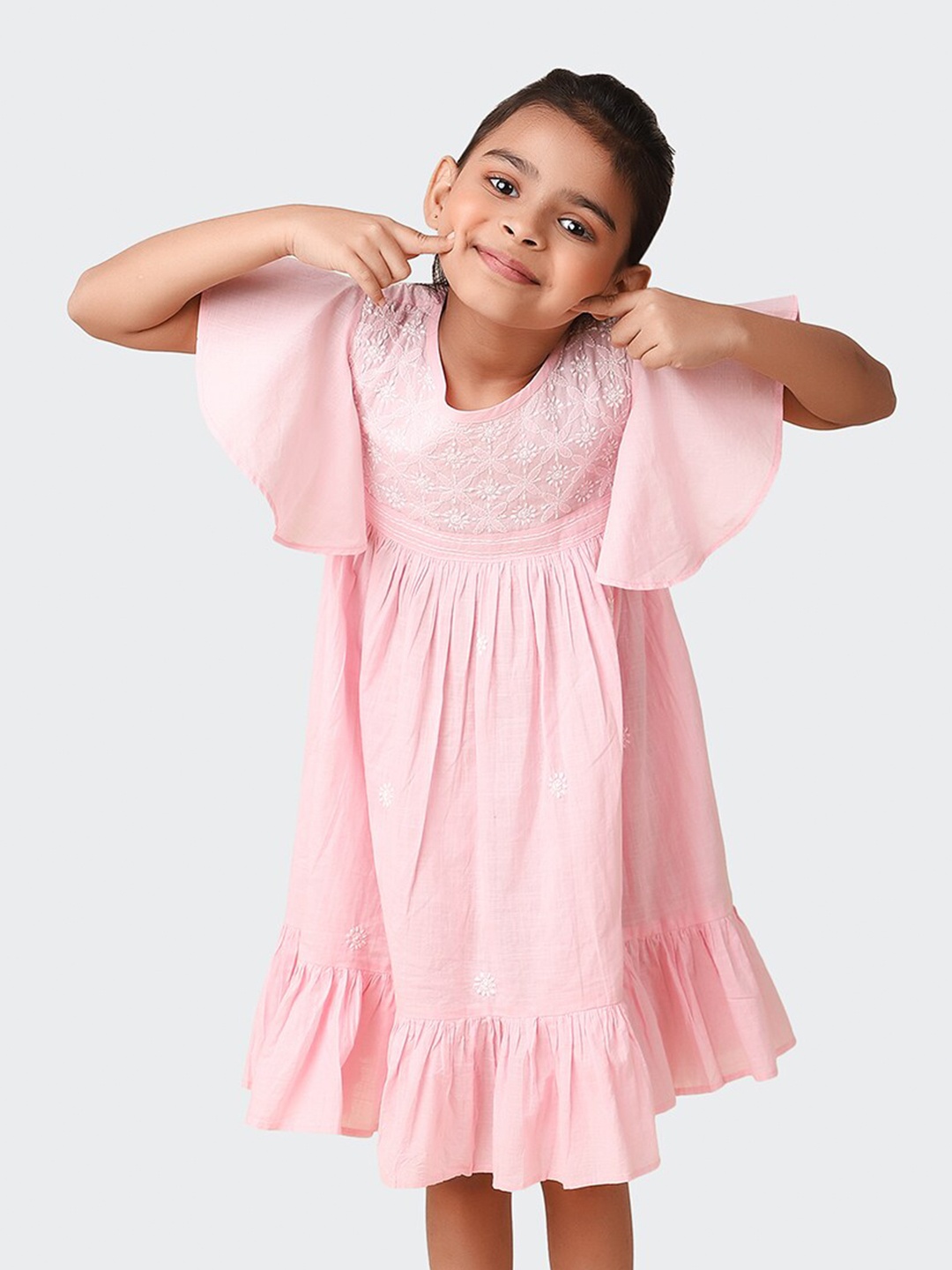 

Fabindia Girls Floral Embroidered Flared Sleeves Flounce Cotton Fit & Flare Dress, Pink