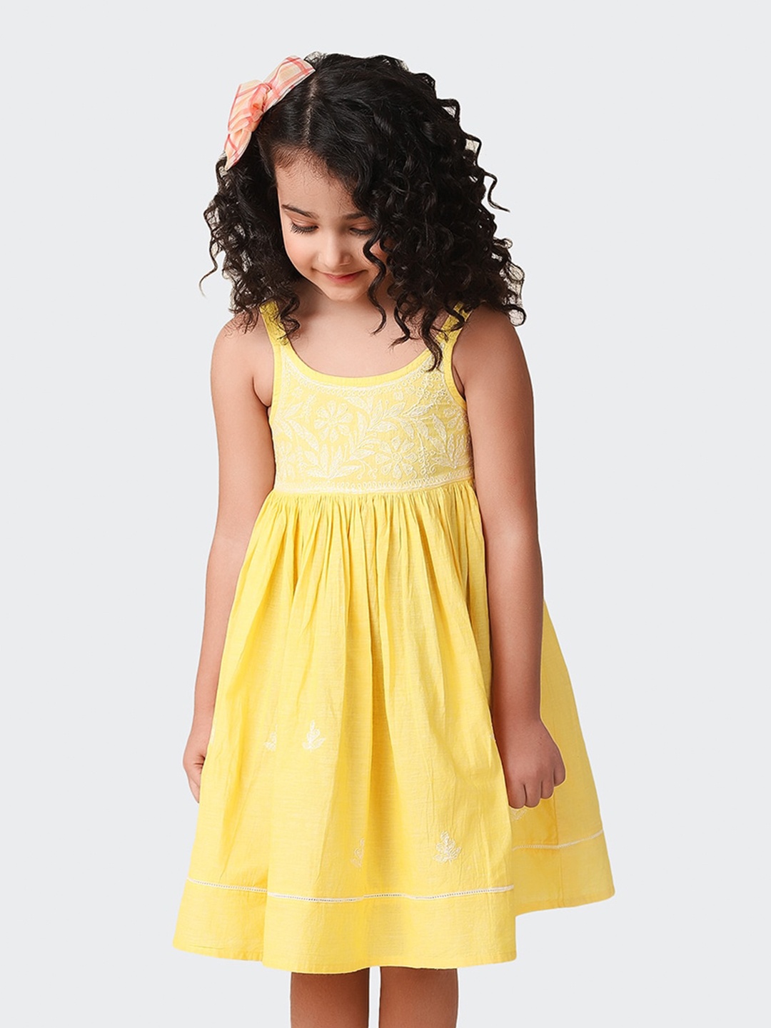 

Fabindia Girls Sleeveless Embroidered Fit & Flare Cotton Dress, Yellow