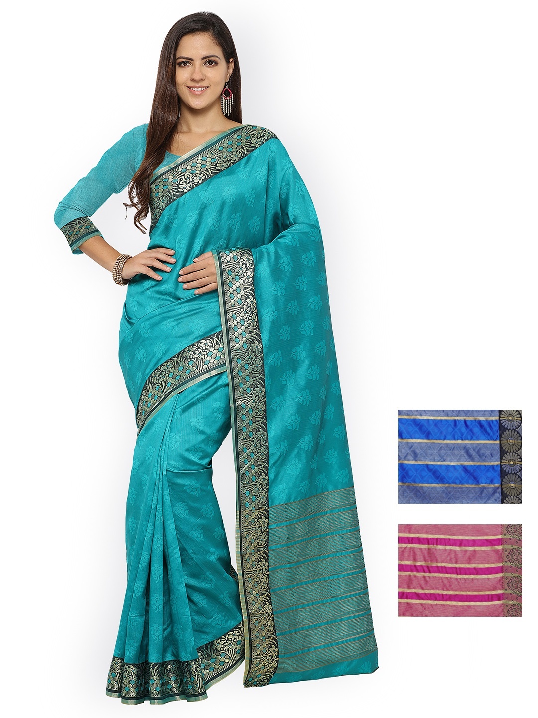 

Varkala Selection of 3 Kanjeevaram Art Silk Sarees, Teal