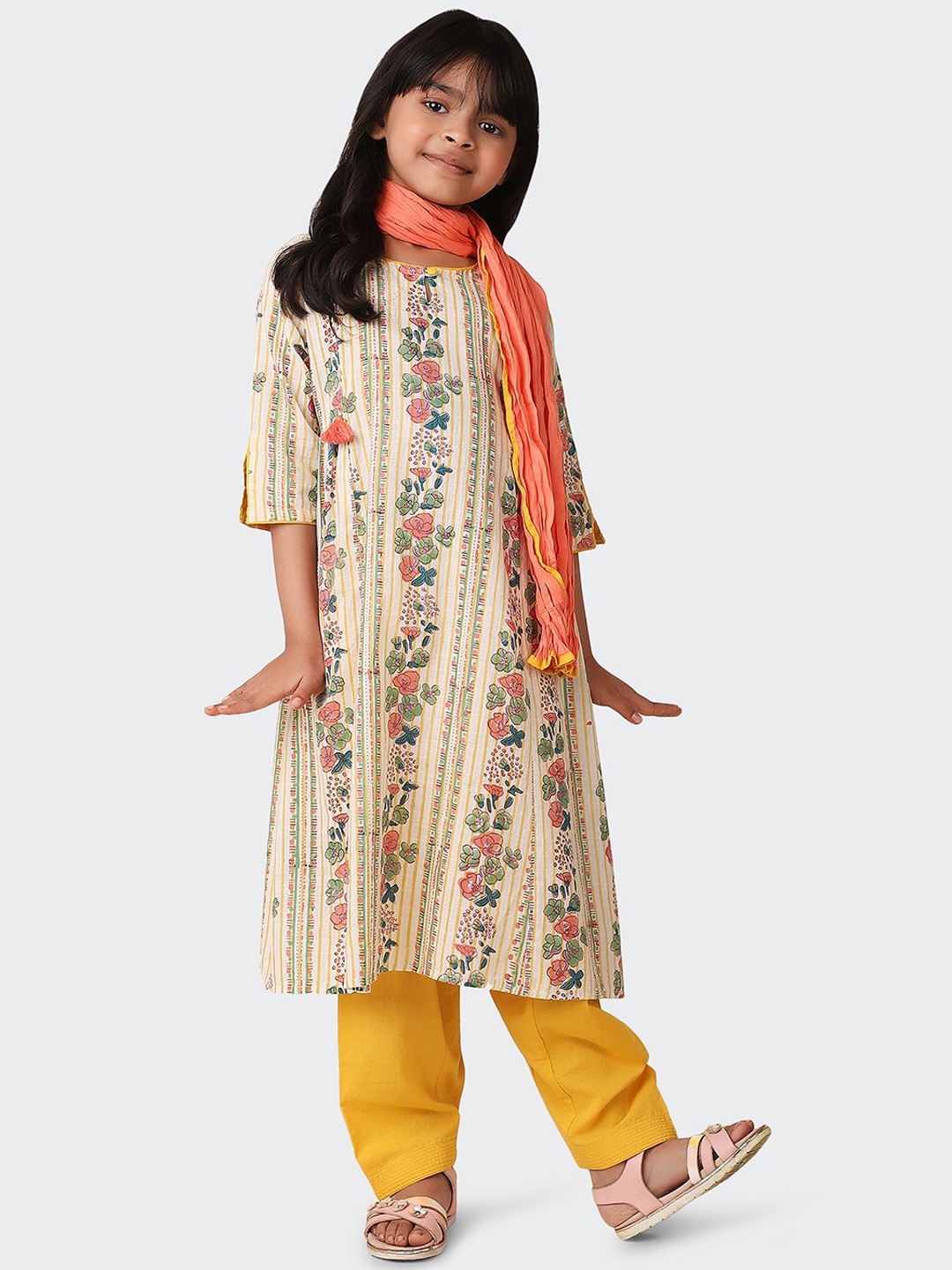 

Fabindia Girls Floral Printed Pure Cotton A-Line Kurta With Salwar & Dupatta, Yellow