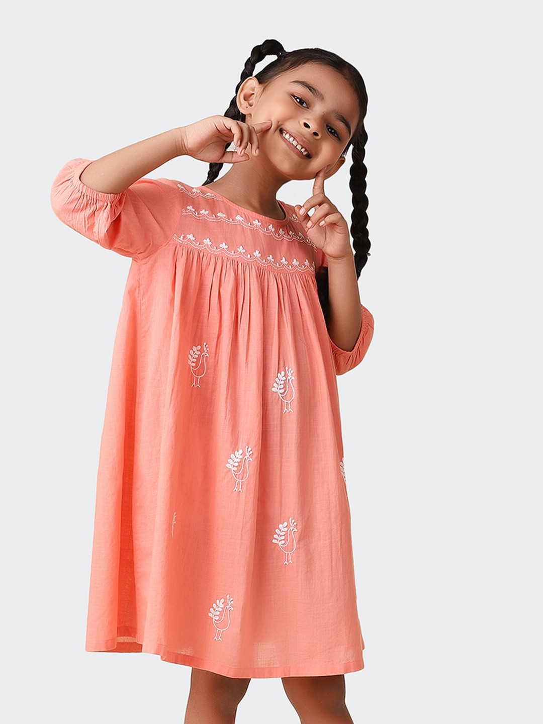 

Fabindia Girls Ethnic motifs Embroidered Cotton A-Line Dress, Coral