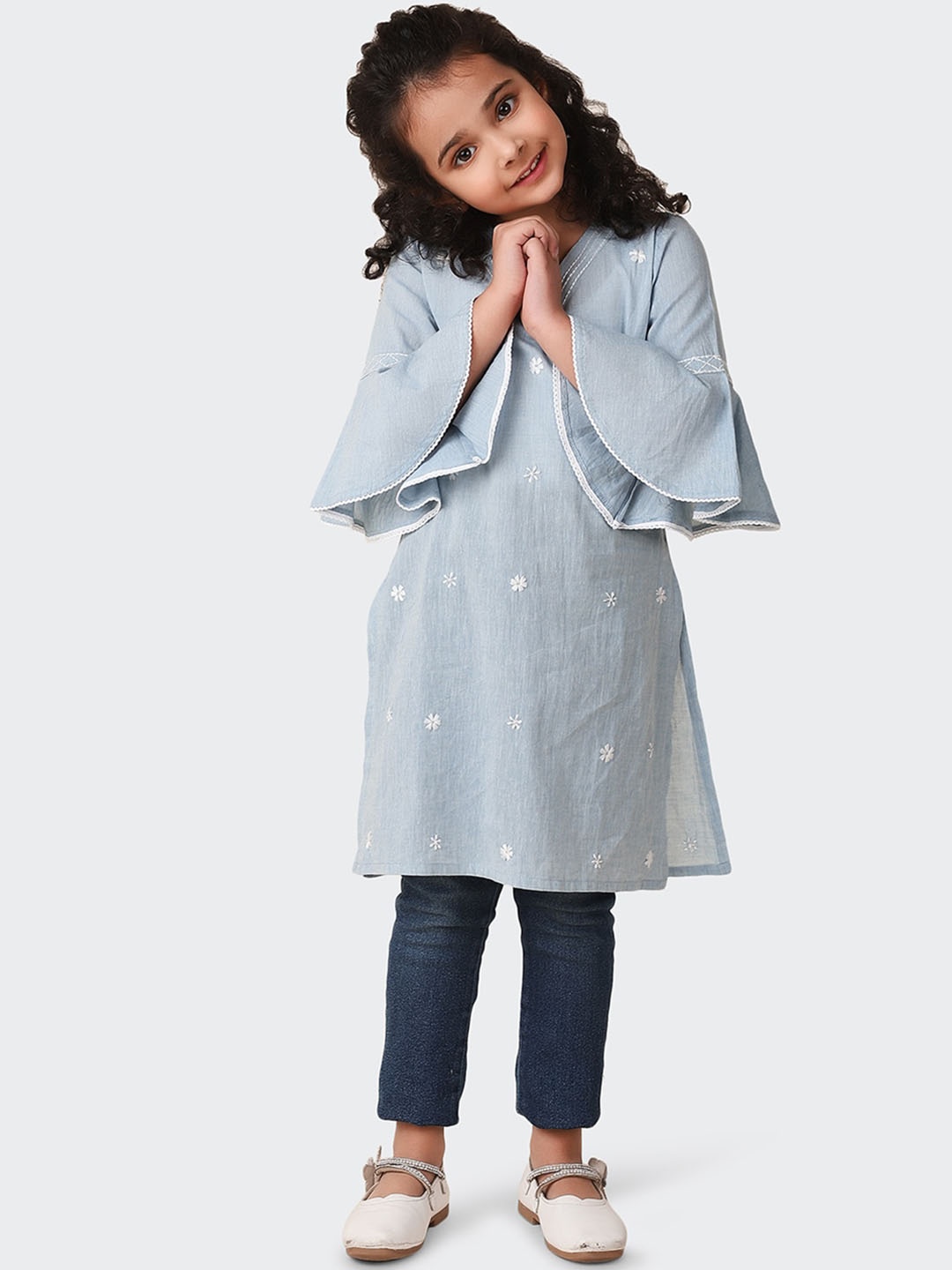 

Fabindia Girls Cotton Embroidered Bell Sleeves Thread Work Kurta, Blue