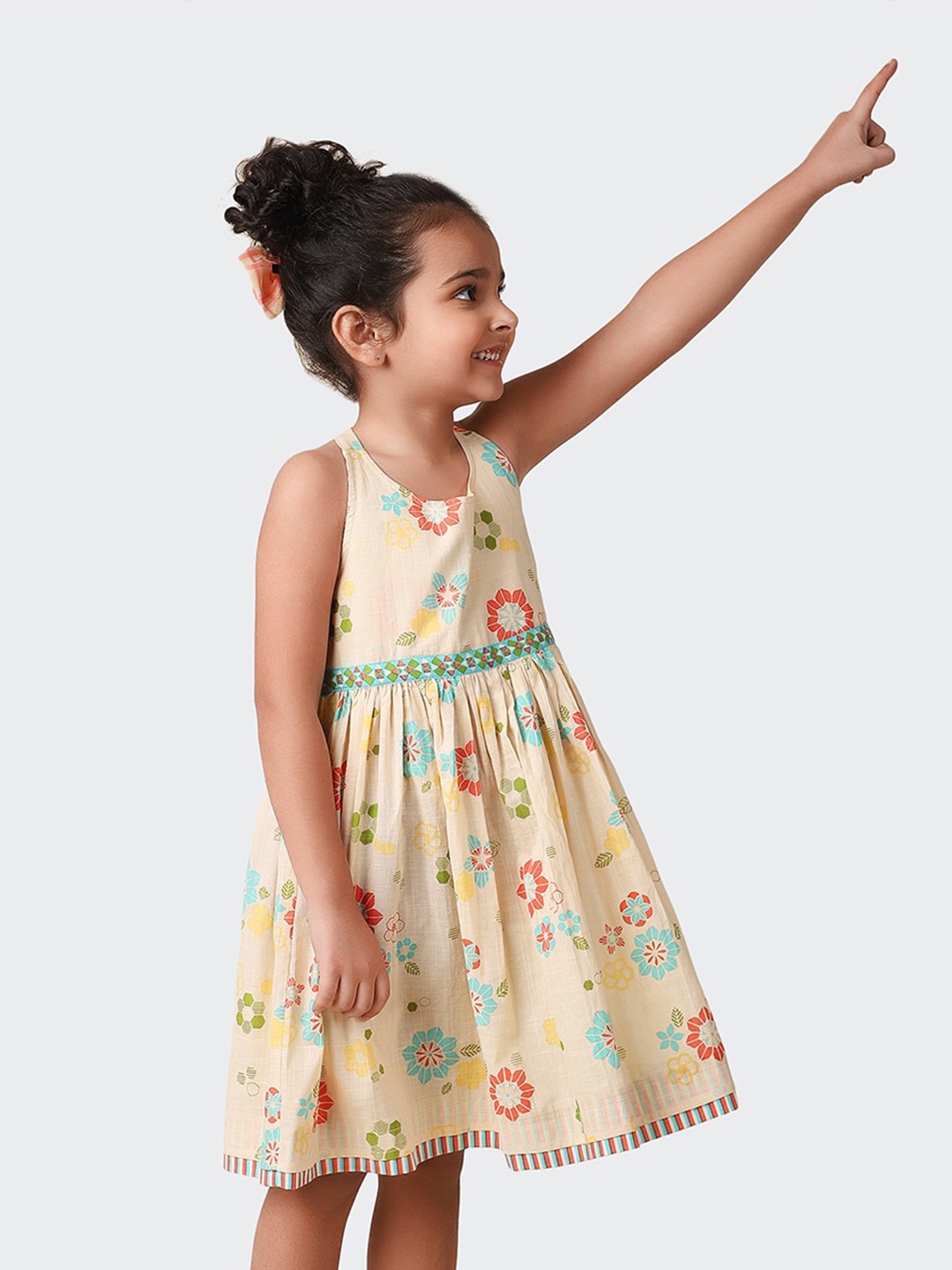 

Fabindia Girls Floral Printed Fit & Flare Cotton Dress, Off white