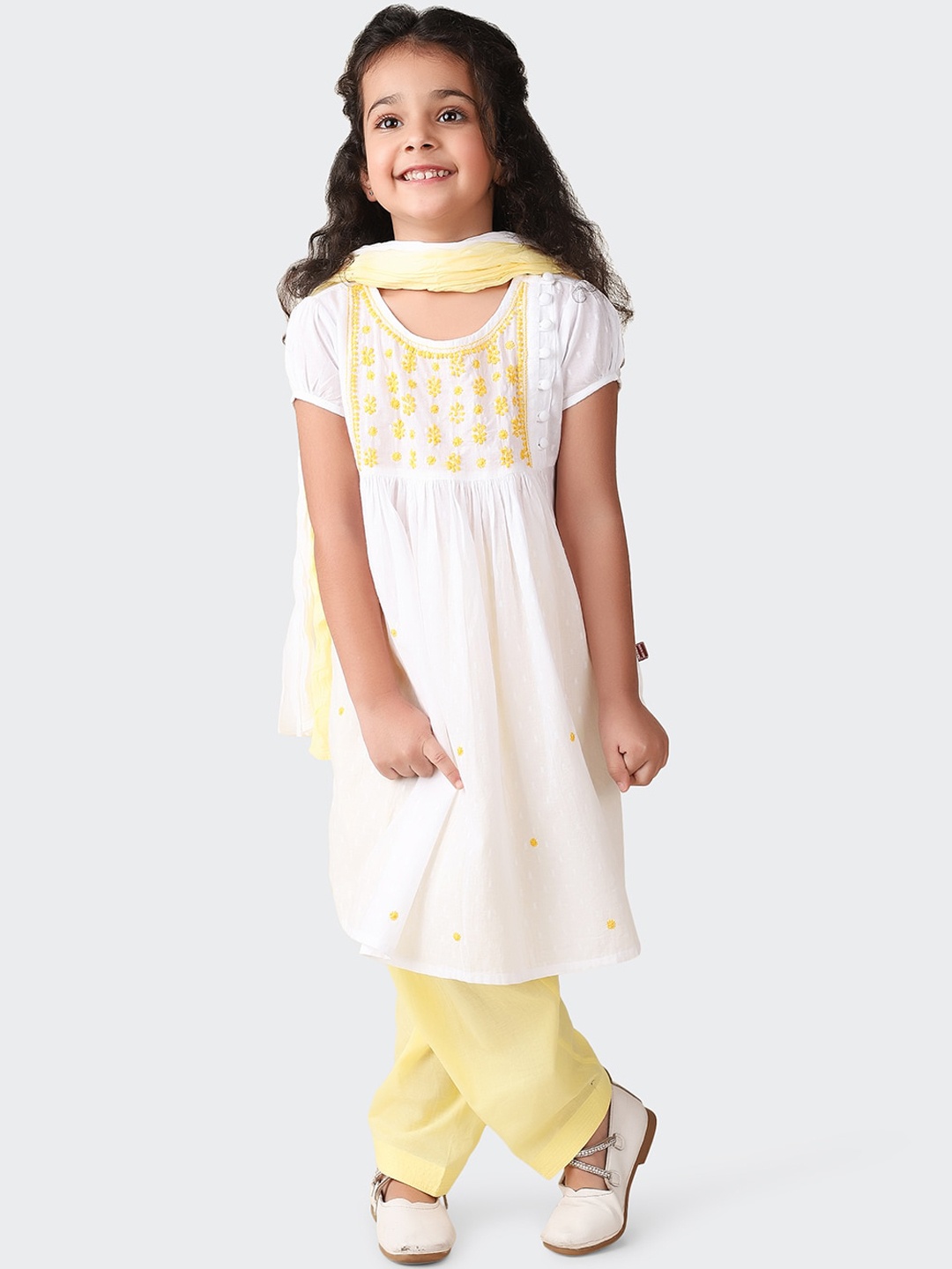 

Fabindia Girls Floral Embroidered Pure Cotton A-Line Kurta With Salwar & Dupatta, Yellow