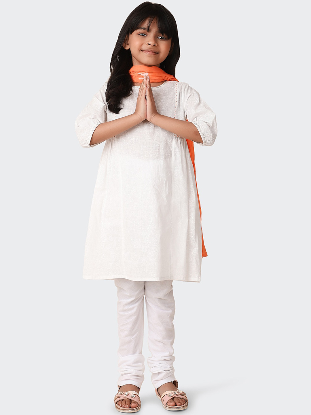 

Fabindia Girls Printed Pure Cotton Kurta with Churidar & Dupatta, White