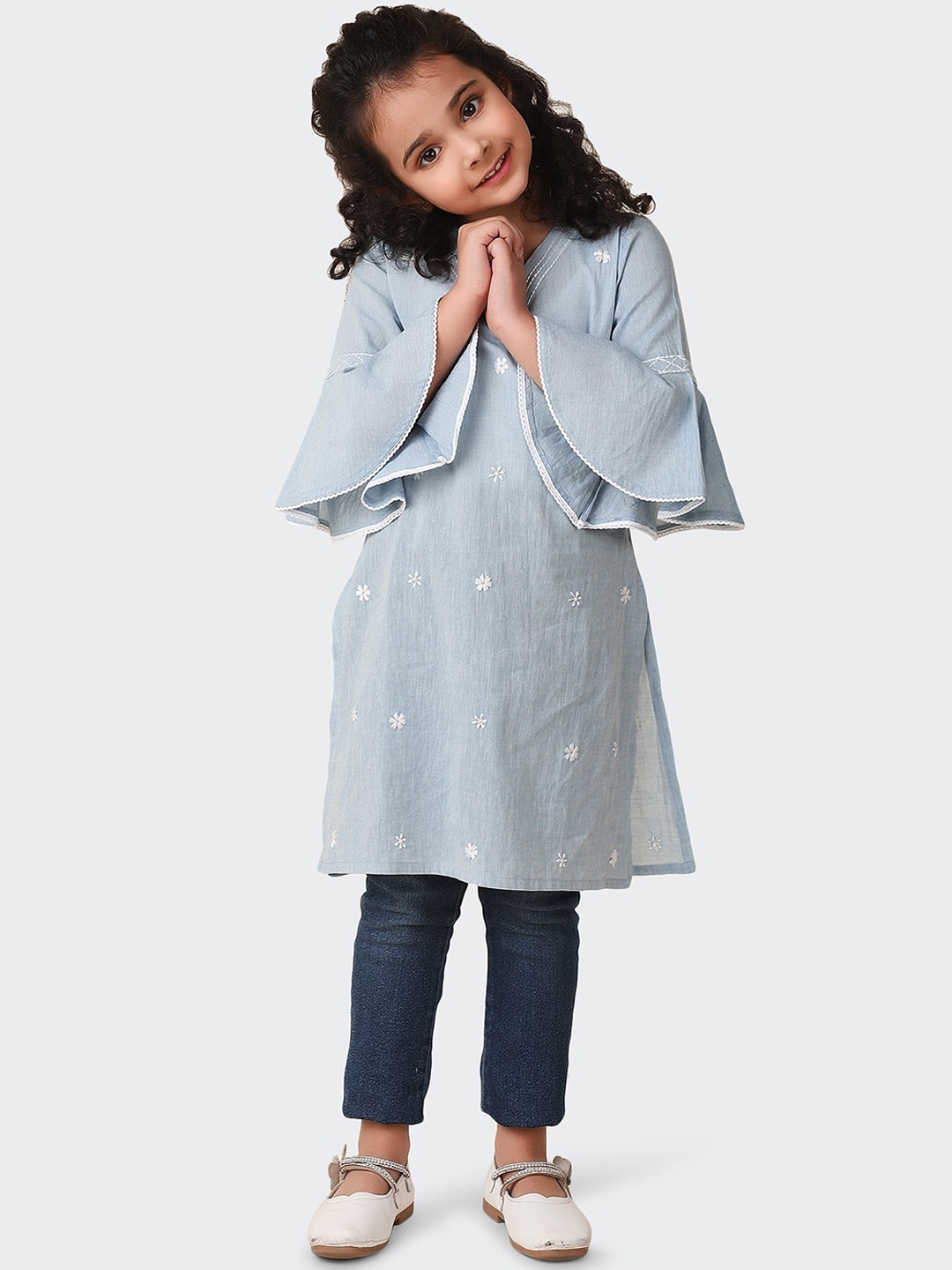 

Fabindia Girls Bell Sleeves Embroidered Cotton Kurta, Blue
