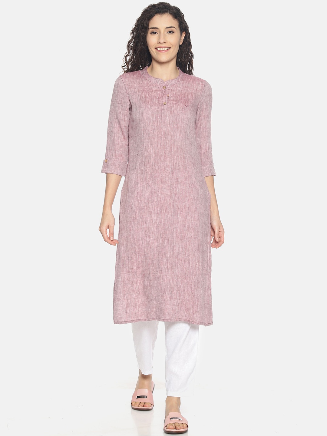 

Ecentric Women Woven Design Band Collar Hemp Kurta, Maroon