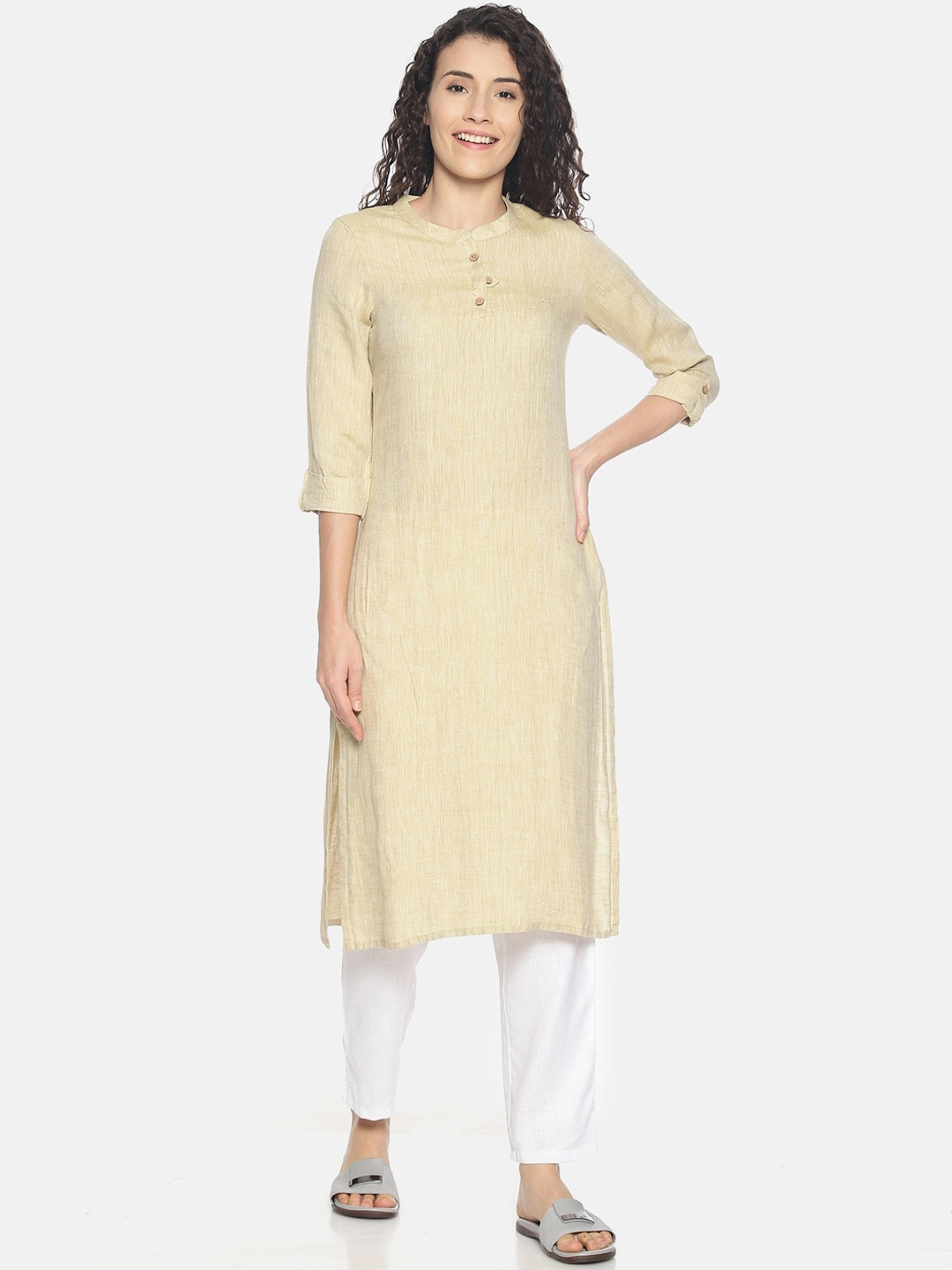 

Ecentric Women Woven Design Hemp A-Line Kurta, Beige