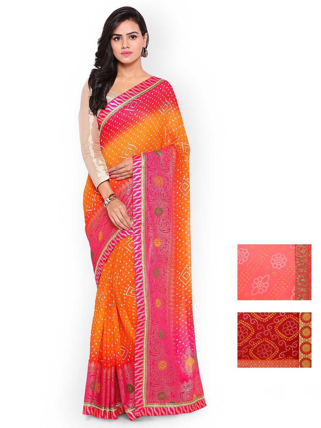 

Kalista Selection of 3 Printed Poly Georgette Sarees, Orange